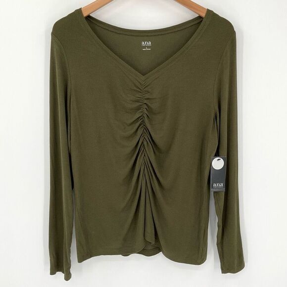 a.n.a A New Approach Ribbed Long Sleeve V-Neck Shirt Green Women Large Soft NWT - Picture 1 of 5